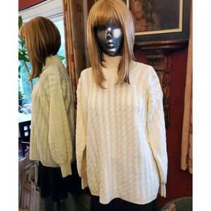 Vintage Womens M Cableknit Cream‎ Turtleneck Sweater Chic Minimalist Cottagecore